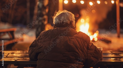 A grizzled old veteran sits alone at a table staring into the fire as memories of past battles and victories wash over him weathered . . © Justlight