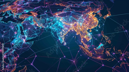 Interactive world map centering on South East Asia, illustrating vibrant data transfer and business connectivity