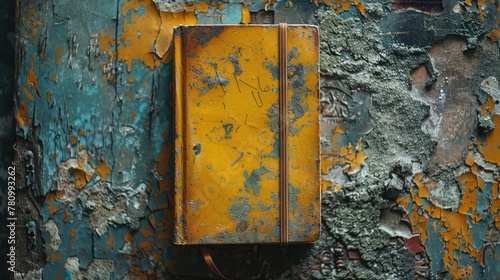A yellow book with a leather binding sits on a wall with a blue background. The book appears to be old and worn