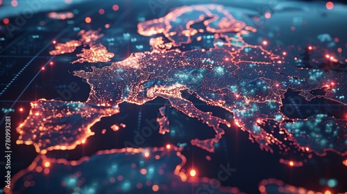 Illuminated data streams over Eastern Europe on a world map, symbolizing cyber technology and global business exchange