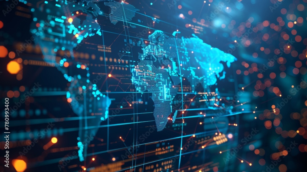 Global network concept visualized on a world map, Africa prominent, threads of digital communication enveloping earth Global network concept visualized on a world map, Africa prominent, threads of digital communication enveloping earth