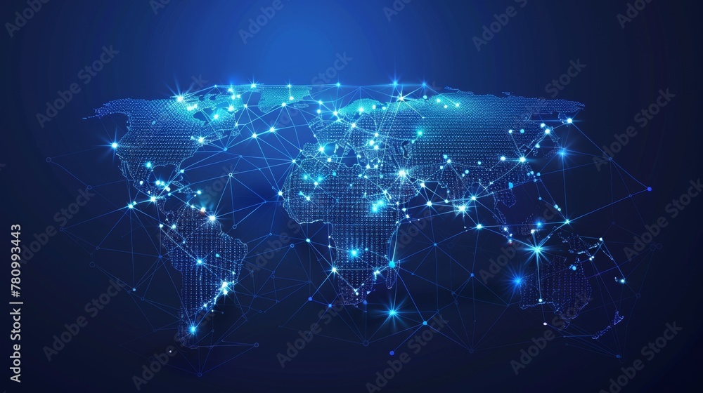 Digital-age world map, pixelated continents against a glowing blue background, reflecting a connected planet Digital-age world map, pixelated continents against a glowing blue background, reflecting a connected planet