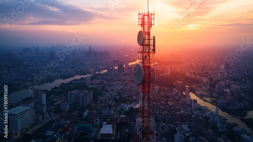 Antenna communication technology with city background. Communication tower connect to data of smart city. Telecommunication 5G. Digital Transformation IoT (Internet of Things). photo