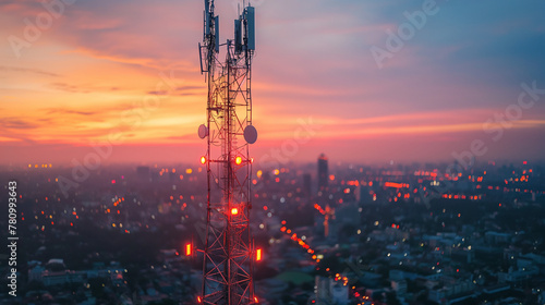 Antenna communication technology with city background. Communication tower connect to data of smart city. Telecommunication 5G. Digital Transformation IoT (Internet of Things).