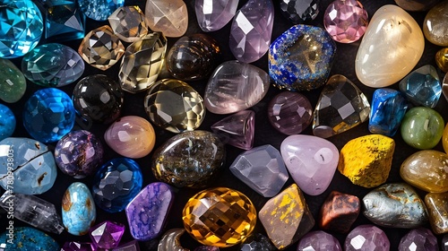 Generative AI : Jewel or gems on black shine color, Collection of many different natural gemstones amethyst