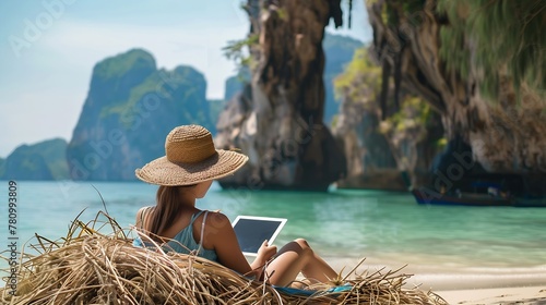 Generative AI : Traveler woman relaxing on straw nests using tablet. Asia business people on vacation  photo
