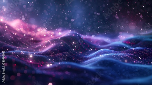 3D landscape and big data visualization. A network of dots connected by lines creates an abstract digital background. Purple color scheme. Suitable for high-tech backgrounds