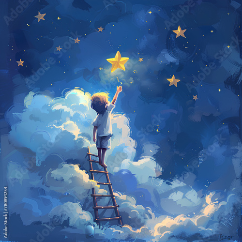 A little boy climbing a ladder to reach the stars