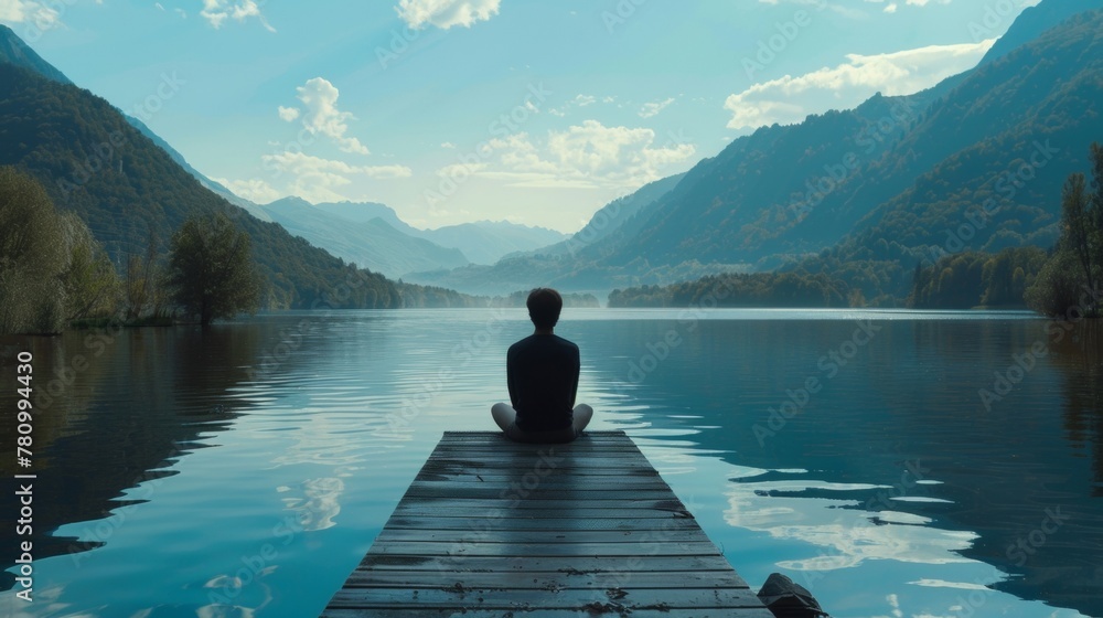 In a serene lakeside setting a person sits on a dock with back facing the camera. The water is calm and the mountains in the . .