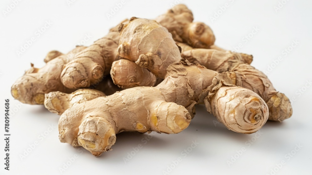 Several ginger pieces on white surface