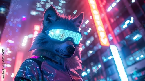 Futuristic Anthro Wolf Donning Glowing Visor Sunglasses and Holographic Athleisure Clothing in City Generative ai photo