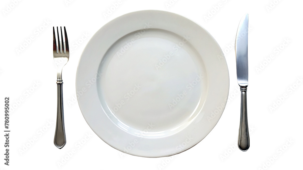 Empty plate with fork and knife isolated on transparent background Empty plate with fork and knife isolated on transparent background