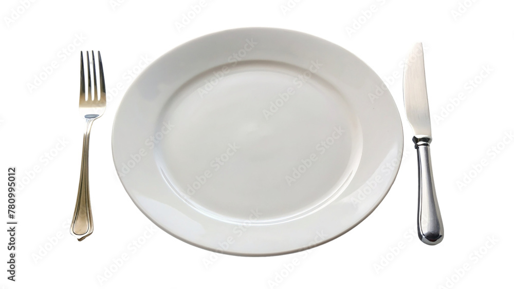Empty plate with fork and knife isolated on transparent background Empty plate with fork and knife isolated on transparent background