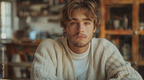Portrait of a Young Man with Intense Gaze in Cozy Indoor Setting