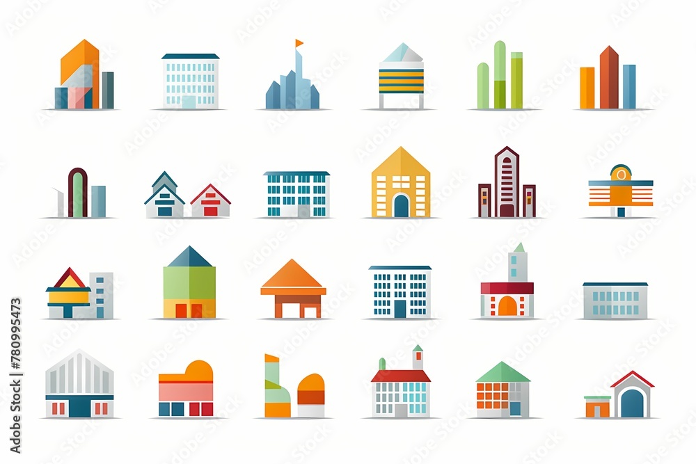 A collection of sleek, minimalistic vector icons representing various bussines buildings in vibrant colors on a white solid background
