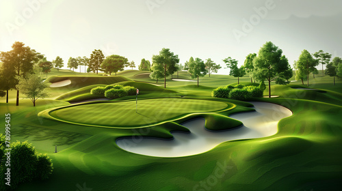  3d illustration of a golf course, greens, fairways, bunkers, sand traps, summer leisure