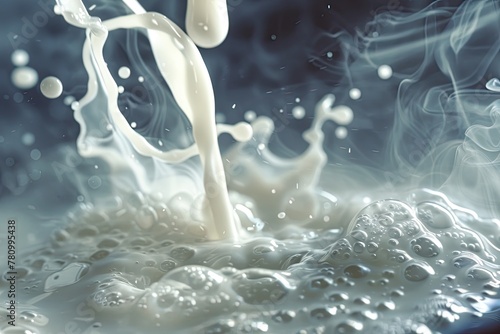 A 3D scene depicting the process of milk being frothed by a steamer wand