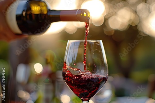 A glass of juicy red wine being poured capturing the rich color and anticipation of the first sip photo
