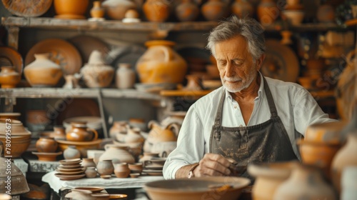 Skilled male artisan creating ceramic pottery on a wheel in a sunny workshop with shelves of clay pots.