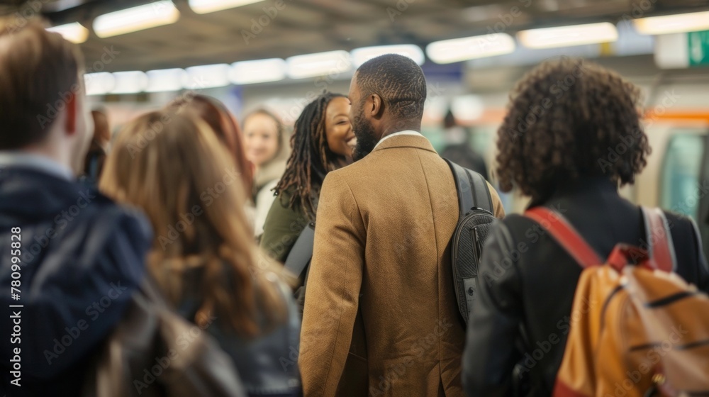 A group of commuters facing the opposite direction of the camera chatting and laughing while they wait for train to take them . . A group of commuters facing the opposite direction of the camera chatting and laughing while they wait for train to take them . .