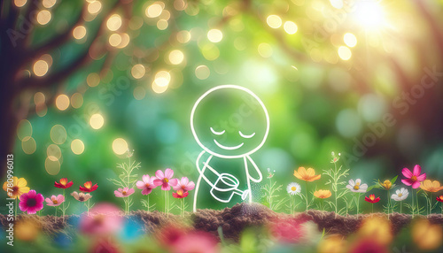 Charming Stick Figure Gardener Nurturing Colorful Flowers in Blurred Green Backdrop