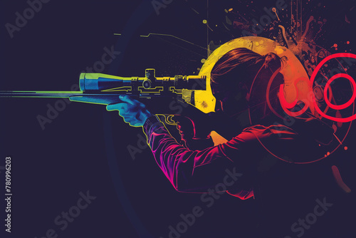 Athlete shooting a gun at targets on modern art colorful background. Sport and healthy lifestyle. Competition and tournament. Generative Ai