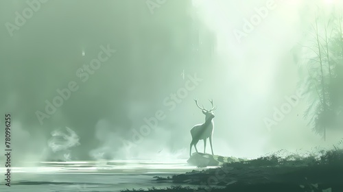 Digital fantasy landscape and deer scene illustration poster web page PPT background © jinzhen