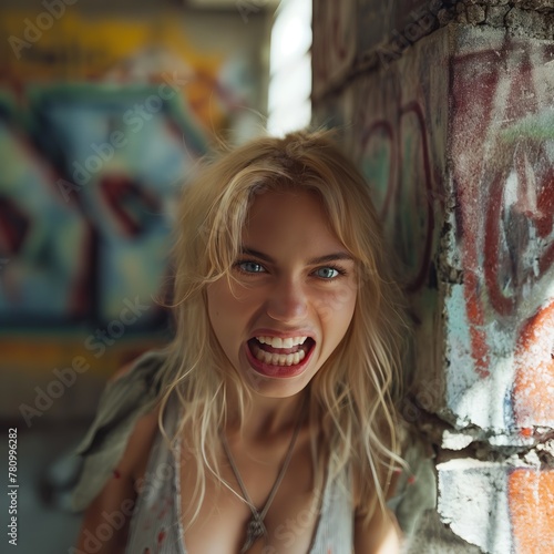 Aggressive Woman Growling in Urban Graffiti Setting
