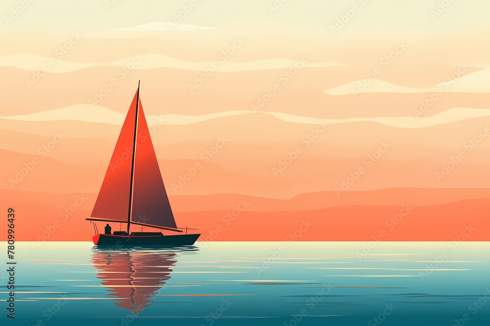 Minimalistic vector illustration of a sailboat, with bold lines and a serene solid color background