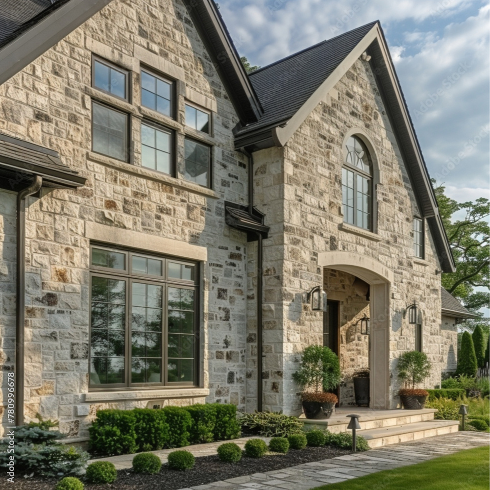 A house with a stone finish that embodies a sophisticated rustic charm seen in contemporary farmhouses. The finish is made up of moderately varied, mostly grey stones with occasional beige highlights A house with a stone finish that embodies a sophisticated rustic charm seen in contemporary farmhouses. The finish is made up of moderately varied, mostly grey stones with occasional beige highlights