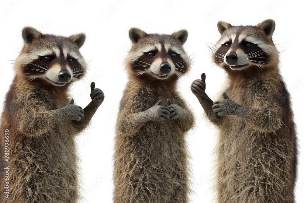 Trio of Friendly Raccoons Gesturing

