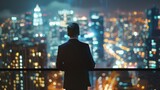 A man in a suit and tie standing on a penthouse balcony gazing out at the glittering city lights as takes a moment to unwind after . .