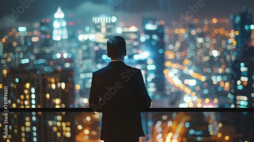 A man in a suit and tie standing on a penthouse balcony gazing out at the glittering city lights as takes a moment to unwind after . . photo