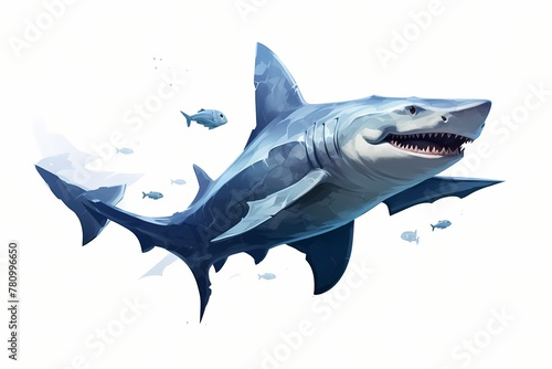 Stealthy hammerhead shark patrolling the deep ocean  isolated on white solid background