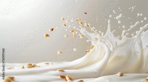 wave of milk flying in the air with pine nut kernels on a solid white background,