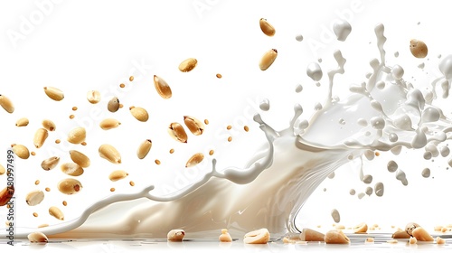 wave of milk flying in the air with pine nut kernels on a solid white background,