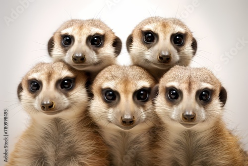 Expressive group of meerkats huddled together, each displaying a unique pose, isolated on white solid background
