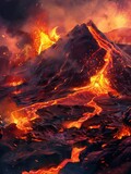 Erupting volcano with vibrant lava flows - A dramatic scene depicting the violent eruption of a volcano with glowing lava flowing, evoking the raw power of nature