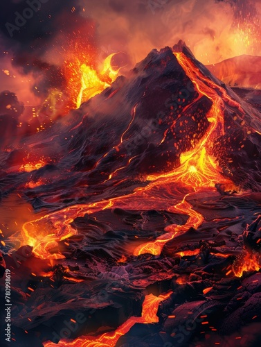 Erupting volcano with vibrant lava flows - A dramatic scene depicting the violent eruption of a volcano with glowing lava flowing, evoking the raw power of nature