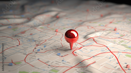 Red pinpoint on a detailed city map - A focused red pinpoint on an intricate 3D city map highlighting a specific location in a network of roads