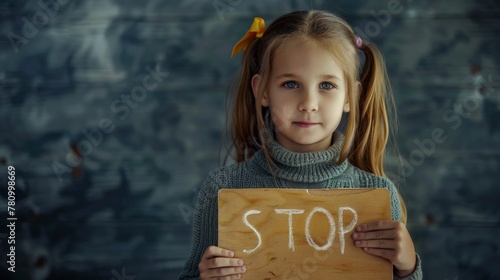 young girl holds stop sign photo