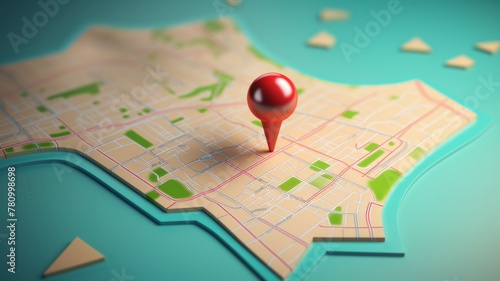3D rendered map with location pin and landmarks - A highly detailed 3D rendered map with a prominent red location pin, depicting navigation and travel