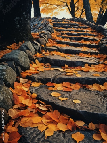 Autumnal staircase covered in fallen leaves - A picturesque staircase layered with vibrant autumn leaves in a peaceful forest setting