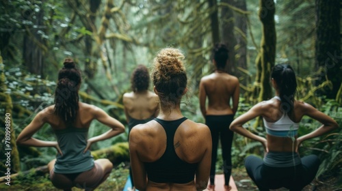 A group of yoga enthusiasts practicing poses in the midst of the forest backs to the camera as they connect with nature . .