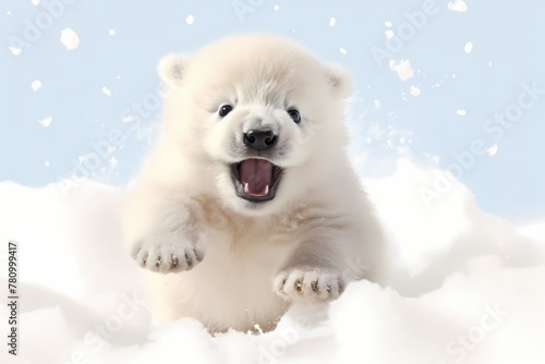 Playful polar bear cub frolicking in the snow, fluffy fur capturing the essence of pure joy, isolated on white solid background © Hunny