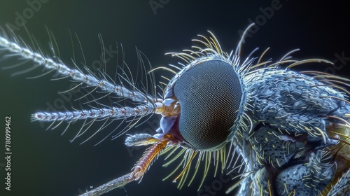 Magnified image of a mosquitos labrum displaying its smooth curved surface and fine hairs.
