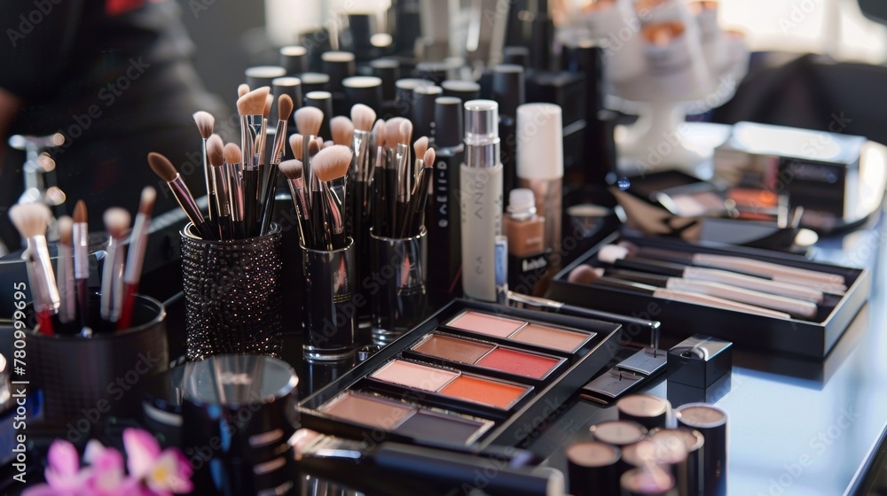 A behindthescenes shot of a makeup artists table filled with an array of highend beauty products and tools ready to create the latest makeup trends for their celebrity clients. . A behindthescenes shot of a makeup artists table filled with an array of highend beauty products and tools ready to create the latest makeup trends for their celebrity clients. .