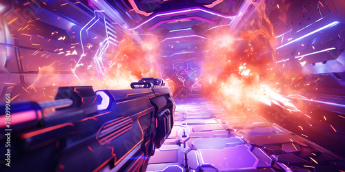 first person shooter futuristic game , fire and explosion , neon light violet and orange,gun photo