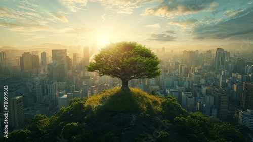 A tree towers over a sustainable city a green beacon of  1