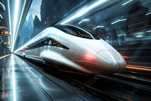 Dynamically moving bullet train with streamlined design and smooth contours; motion blur, emphasizing his high speed entering a tunnel or closed road.